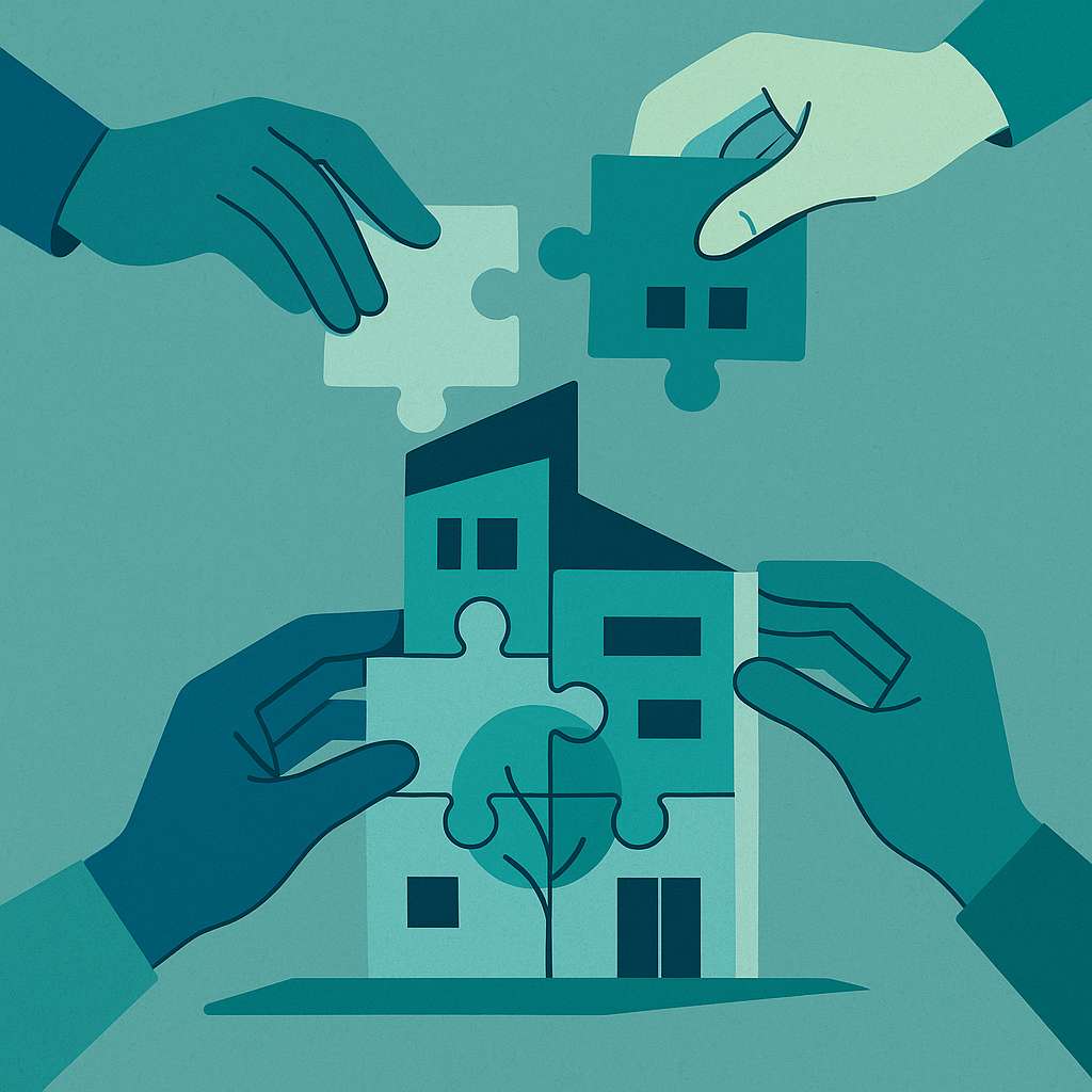 Ilustração minimalista de quatro mãos encaixando peças de quebra-cabeça que formam uma empresa estilizada em tons de azul e verde, simbolizando construção coletiva e crescimento.