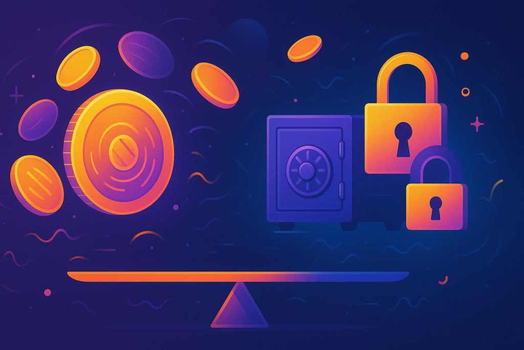 Ilustração futurista mostrando moedas virtuais brilhantes flutuando de um lado e ícones de proteção como cofres e cadeados do outro, equilibrados em uma balança abstrata no mercado financeiro digital.