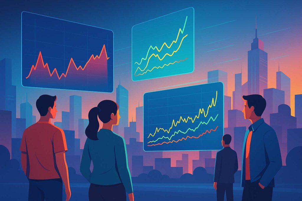Ilustração futurista de investidores jovens e adultos observando gráficos flutuantes de índices de mercado em um cenário urbano tecnológico ao entardecer.