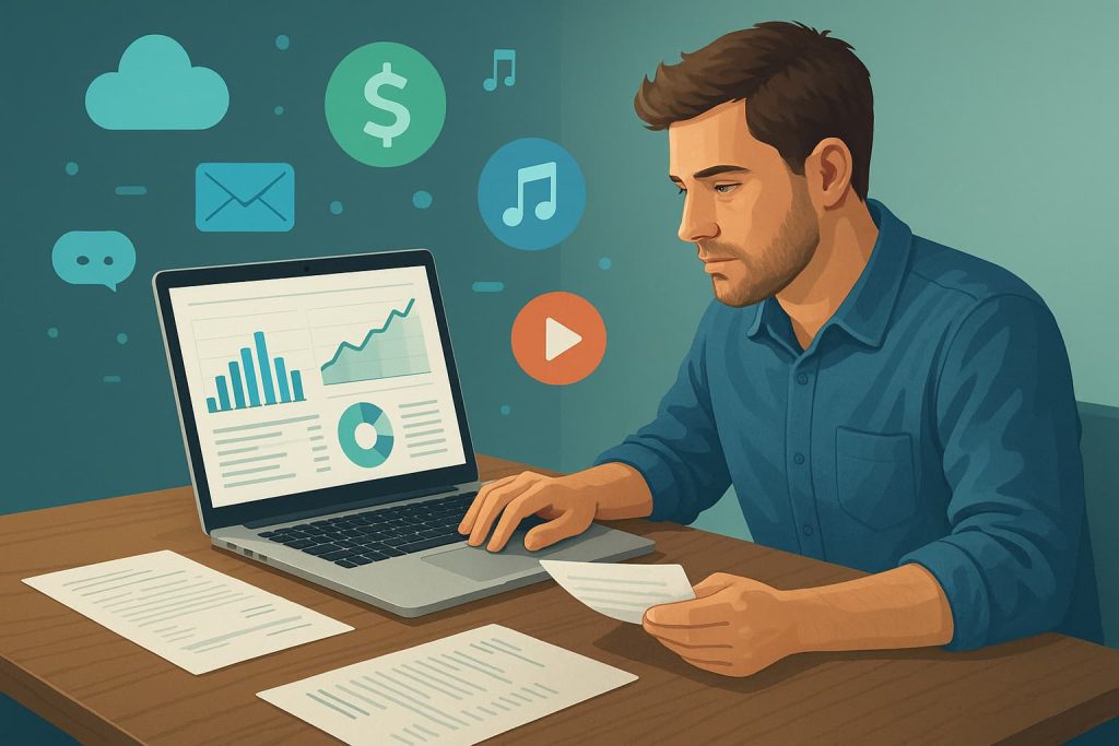 Pessoa analisando faturas em um notebook com ícones de aplicativos flutuando, representando controle financeiro digital.