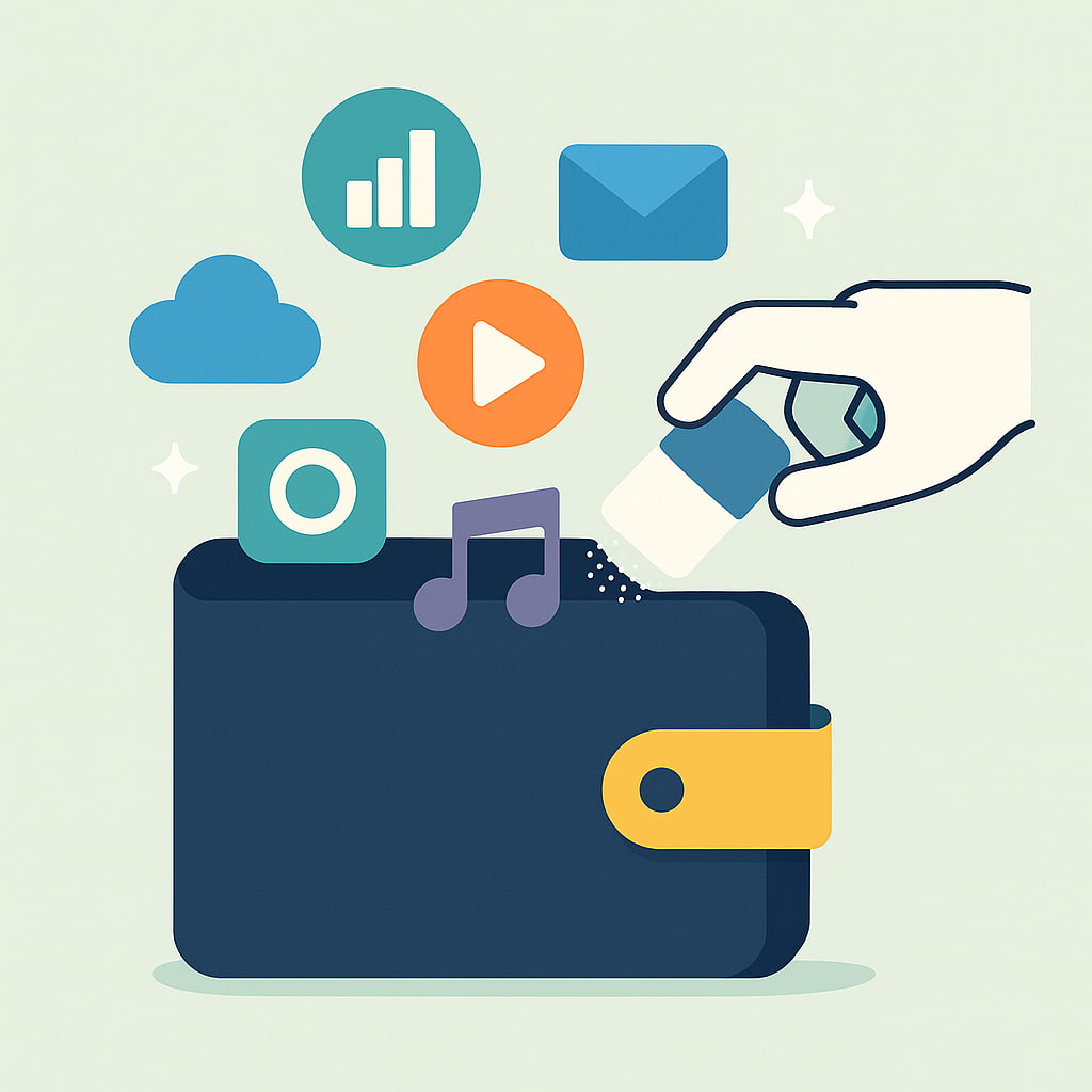 Ilustração minimalista mostrando uma carteira digital com ícones de aplicativos sendo apagados, simbolizando o corte de assinaturas desnecessárias.