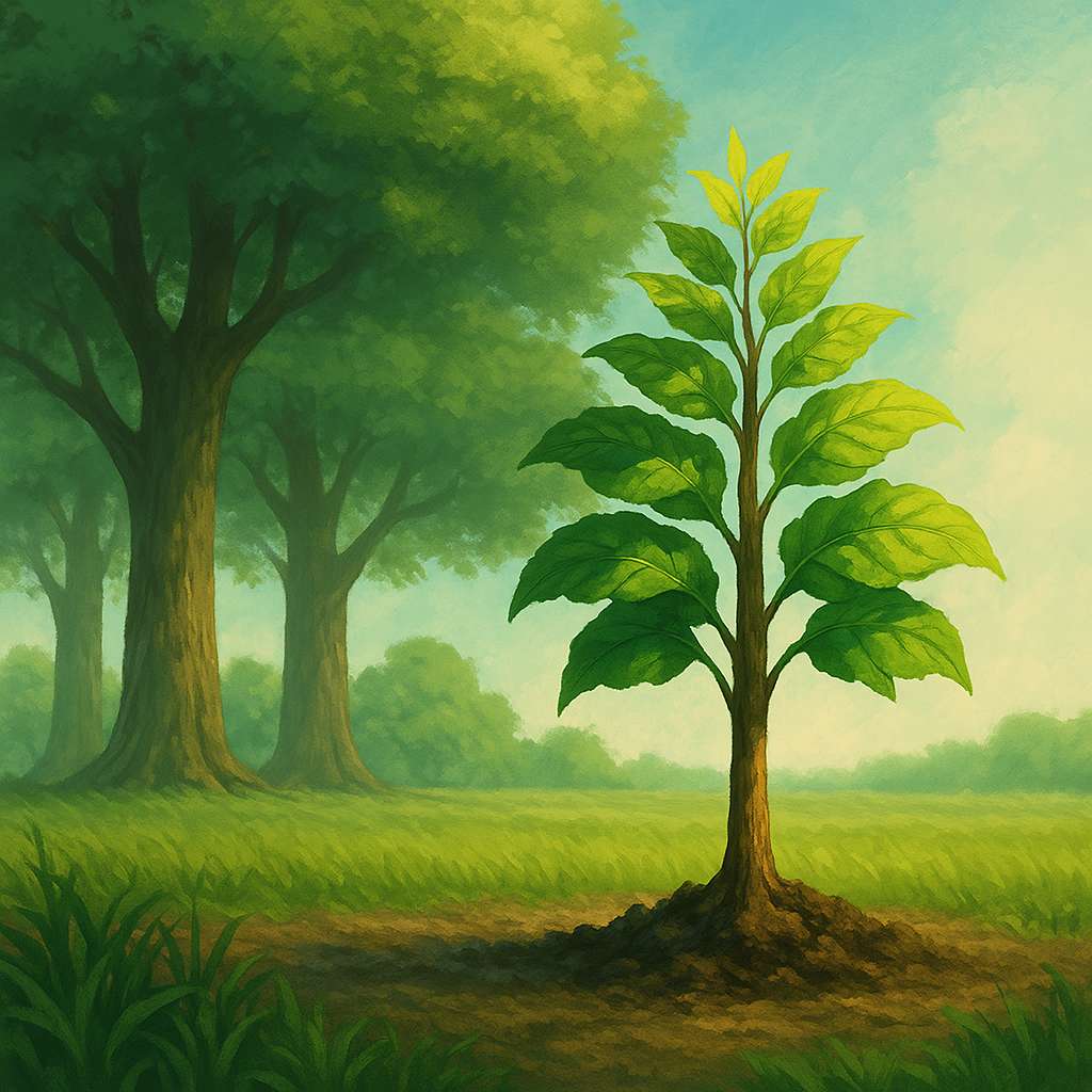 Ilustração semi-realista de uma árvore jovem crescendo em solo fértil ao lado de árvores maiores, transmitindo ideia de potencial e resiliência.