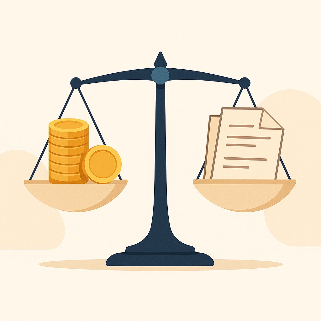 Ilustração contemporânea de uma balança equilibrando moedas douradas de um lado e papéis de título do outro, em estilo minimalista e sofisticado.
