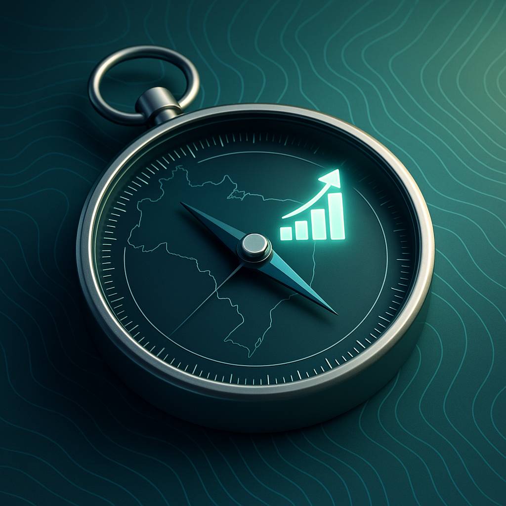 Visão superior de uma bússola metálica moderna sobre um mapa topográfico abstrato do Brasil; a agulha aponta para um holograma brilhante em forma de gráfico de barras ascendentes, em tons de azul profundo, verde e branco luminoso, transmitindo estratégia e tecnologia.