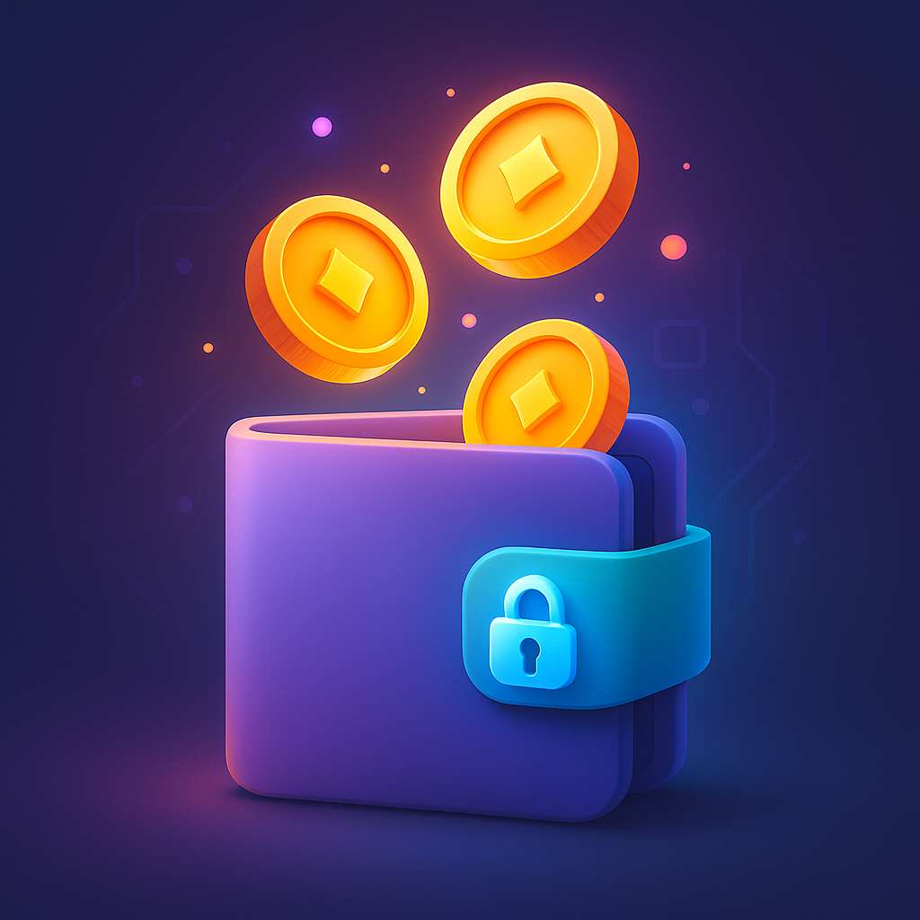 Representação 3D minimalista de uma carteira digital segura, em tons equilibrados com efeito tecnológico. Moedas digitais brilhantes flutuam em harmonia acima da carteira, transmitindo confiança e inovação.