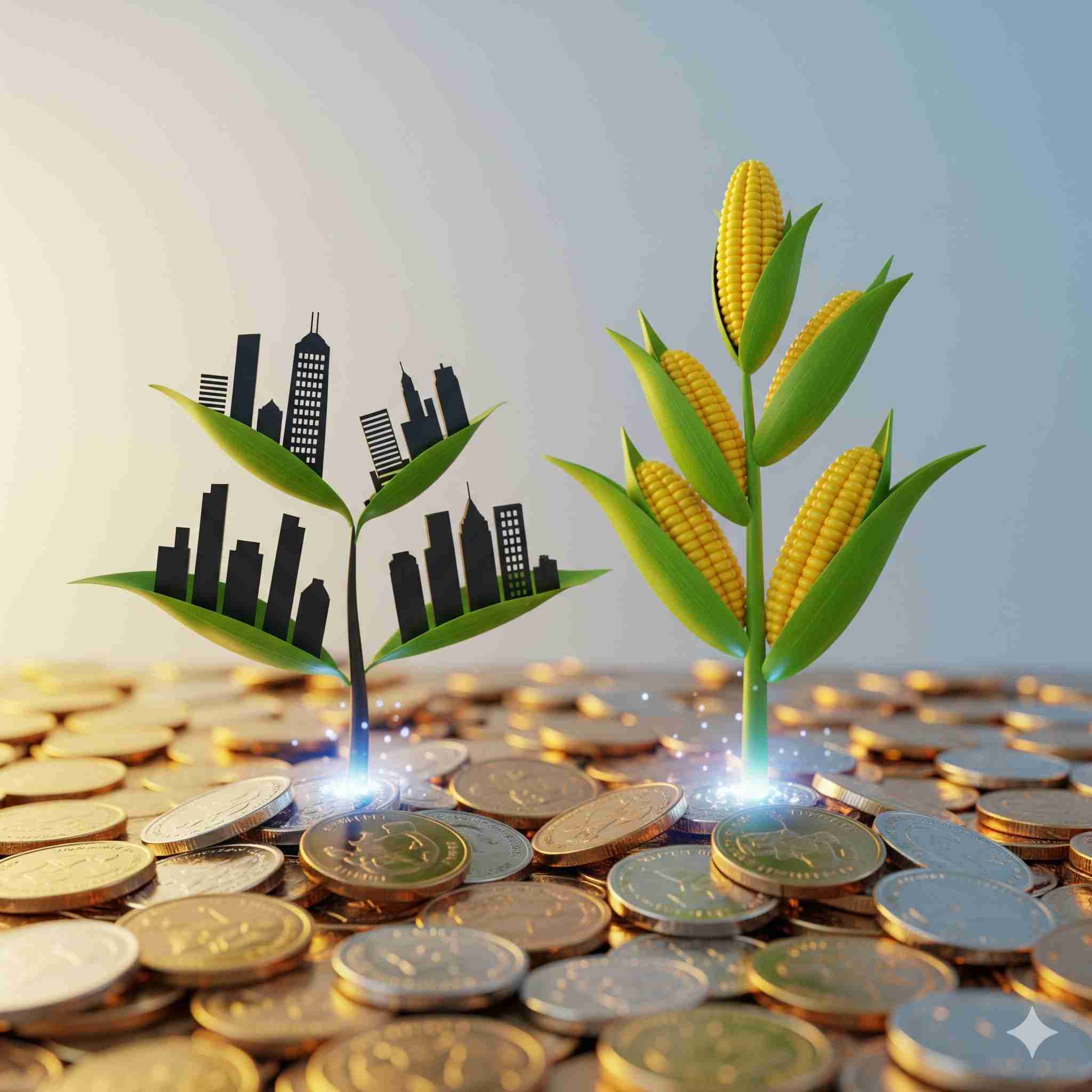 Visão macro de duas plantas crescendo de um solo de moedas brilhantes. Uma planta tem folhas com silhuetas de edifícios, e a outra tem folhas que formam espigas de milho, simbolizando a prosperidade dos setores imobiliário e do agronegócio através do investimento no Brasil.