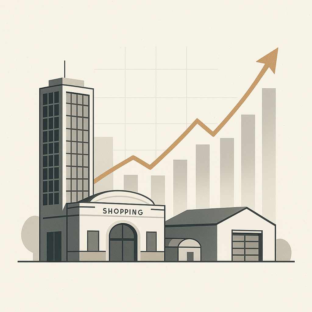 Ilustração minimalista de um gráfico financeiro ascendente integrado a prédios, shopping e galpão logístico, em tons neutros com detalhes metálicos.