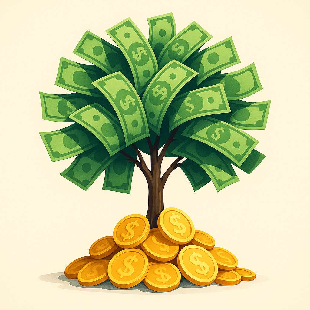 Árvore conceitual formada por notas verdes como folhas e moedas douradas na base, em fundo claro e elegante, estilo digital art moderno.