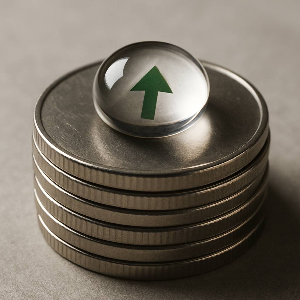Pilha de moedas de metal polido em visão macro, com uma gota de água cristalina no topo refletindo uma seta verde apontando para cima, simbolizando resiliência e preservação de valor.