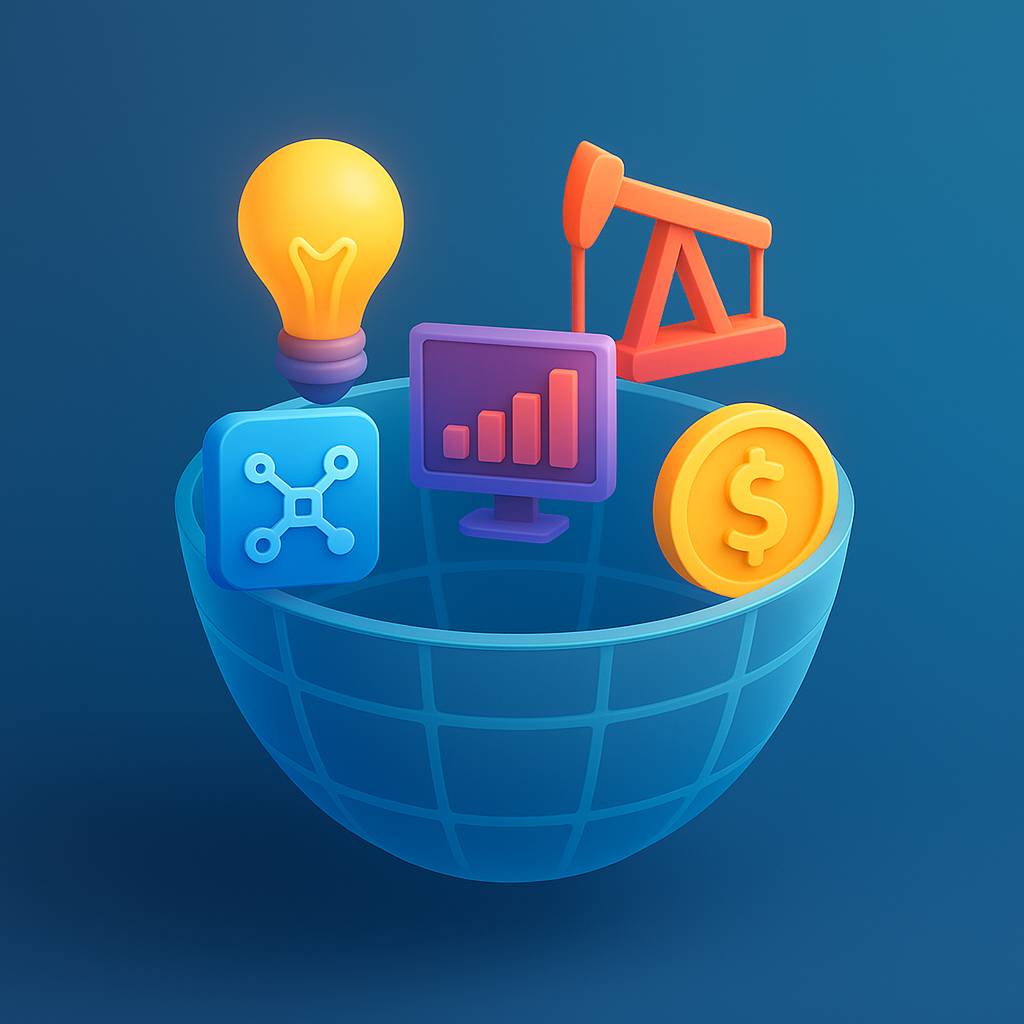 Arte conceitual em 3D de uma cesta translúcida contendo ícones que representam setores da economia — tecnologia, energia e finanças — flutuando em um fundo azul elegante.