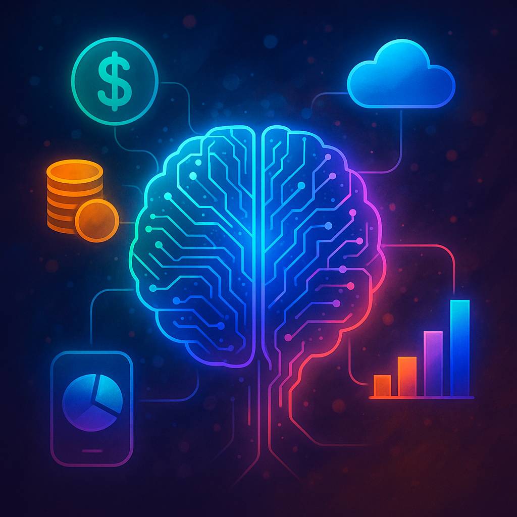 Arte conceitual de um cérebro digital brilhante conectado a ícones de dinheiro, gráficos e nuvem em cenário abstrato tecnológico, com cores vibrantes e estilo inovador.