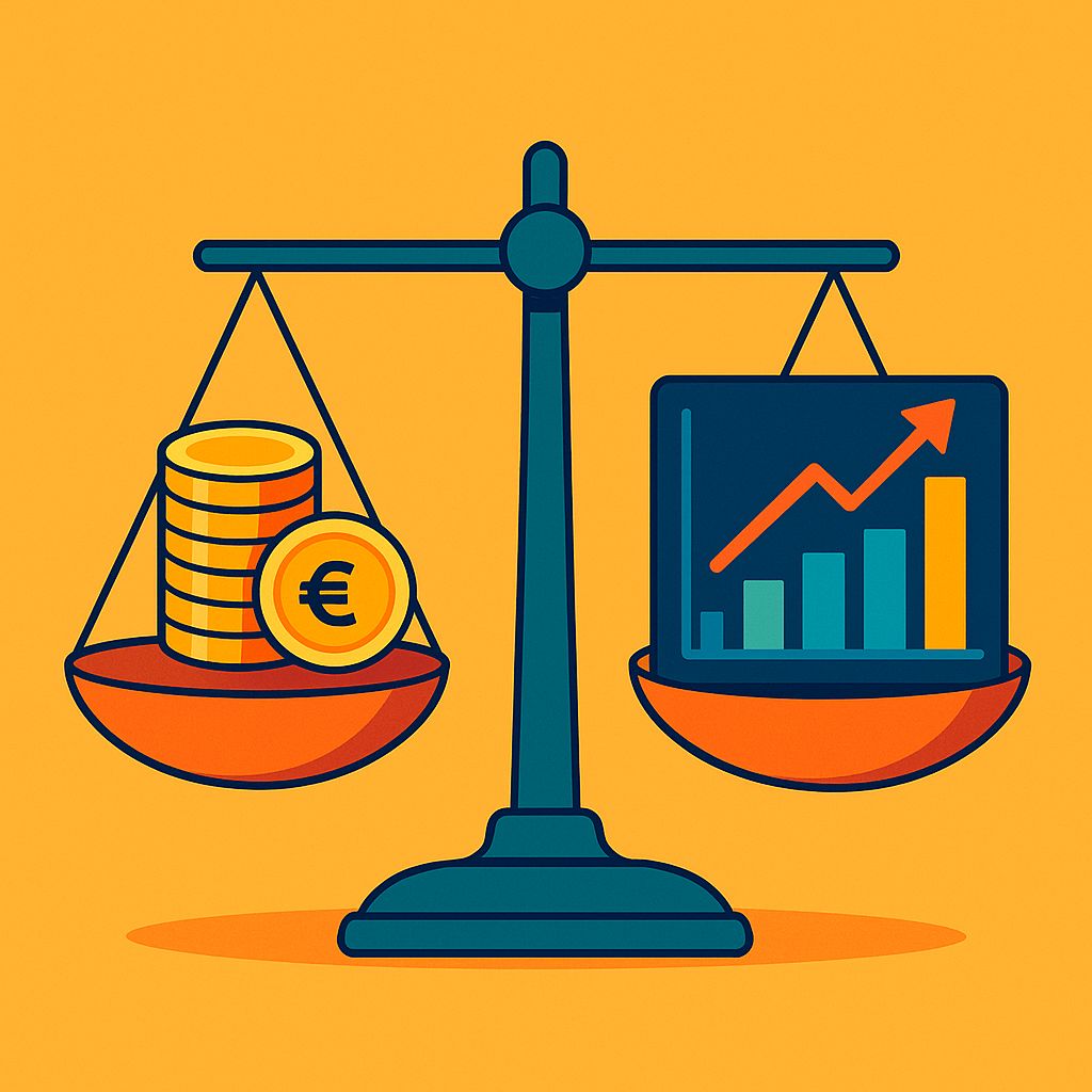 Ilustração minimalista de uma balança equilibrando moedas douradas e gráficos digitais coloridos, representando a comparação entre alternativas de investimento, com estilo sofisticado e cores vibrantes que transmitem confiança e segurança.