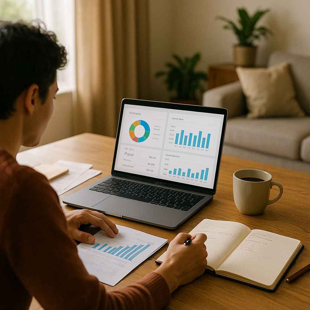 Pessoa analisando finanças pessoais em casa, com laptop exibindo gráficos de orçamento, anotações e ambiente iluminado e acolhedor.