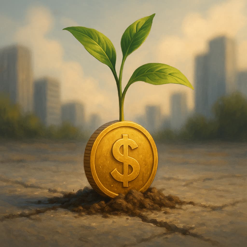 Moeda dourada brotando como planta em solo de concreto, representando investimento sustentável e crescimento econômico.