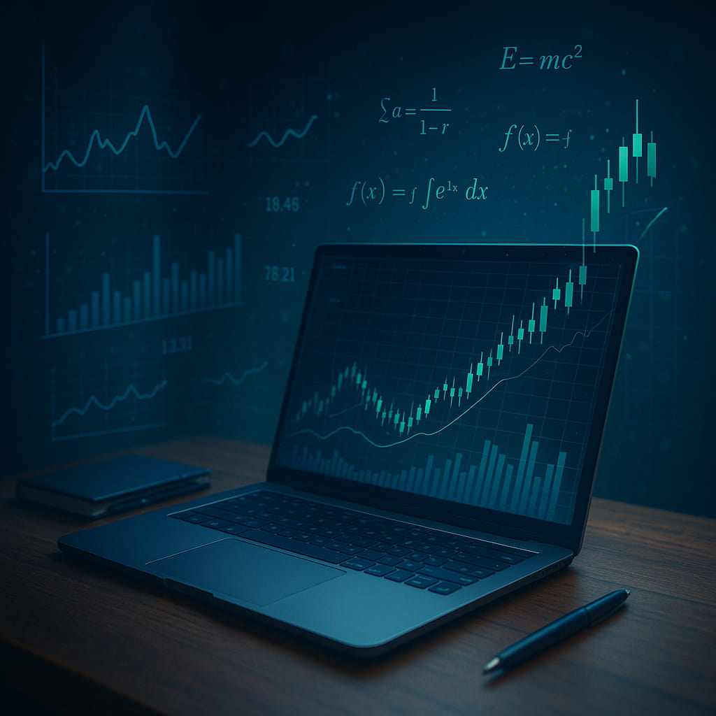 Ilustração digital realista de uma mesa com notebook exibindo gráficos financeiros e hologramas de fórmulas matemáticas flutuando no ar, representando análise quantitativa e inovação tecnológica.
