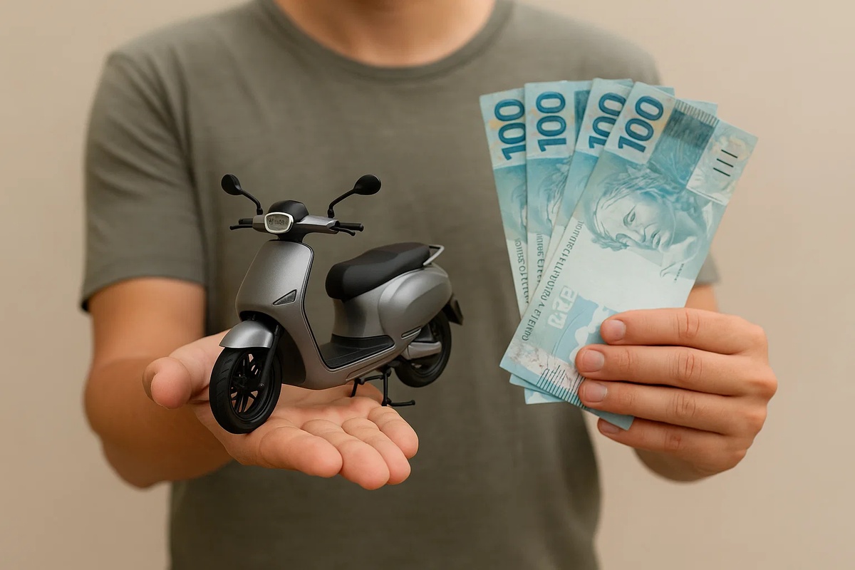 Homem segurando com uma mão uma miniatura realista de motocicleta cinza e com a outra mão um conjunto de notas de cem reais, em ambiente interno com fundo neutro e iluminação suave que destaca tanto o objeto quanto o dinheiro, sugerindo conceito de compra, venda ou financiamento de veículos.