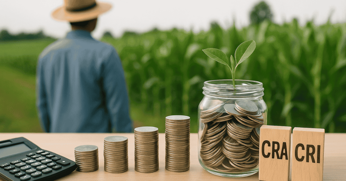 Moedas empilhadas e um pote com moedas e broto sobre a mesa, ao lado de blocos “CRA” e “CRI”, simbolizando investimentos no agronegócio com foco em crescimento sustentável.