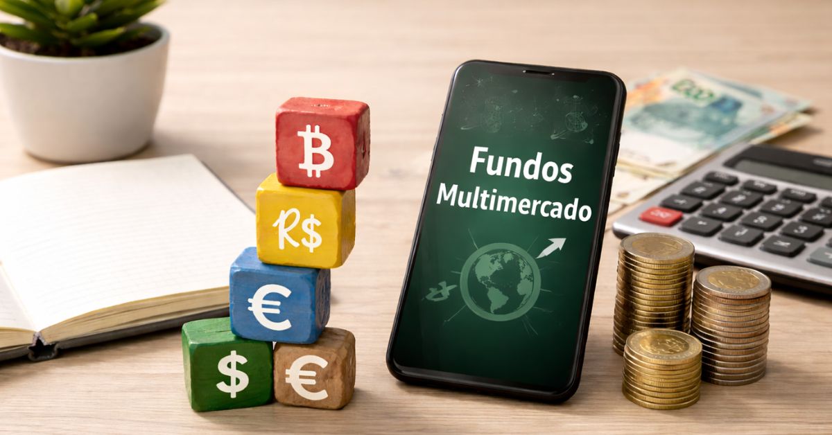 Celular com “Fundos Multimercado” na tela ao lado de moedas empilhadas, calculadora e blocos com símbolos de moedas e bitcoin.