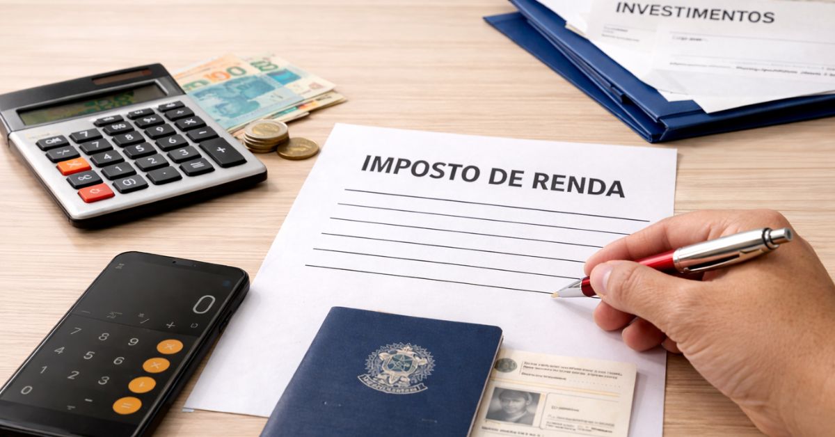 Mão preenche formulário de imposto de renda sobre mesa com calculadora, celular com calculadora, dinheiro e documentos.