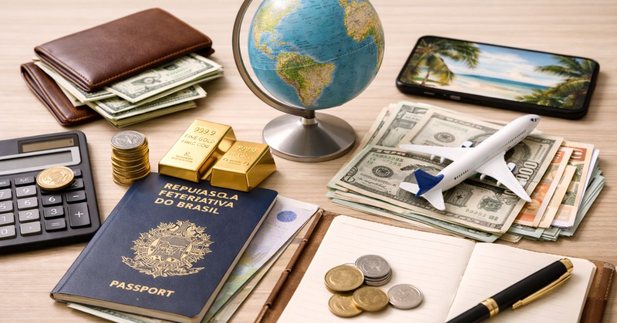 Passaporte brasileiro, dólares, moedas, barras de ouro, calculadora, globo e avião miniatura sobre mesa de viagem.