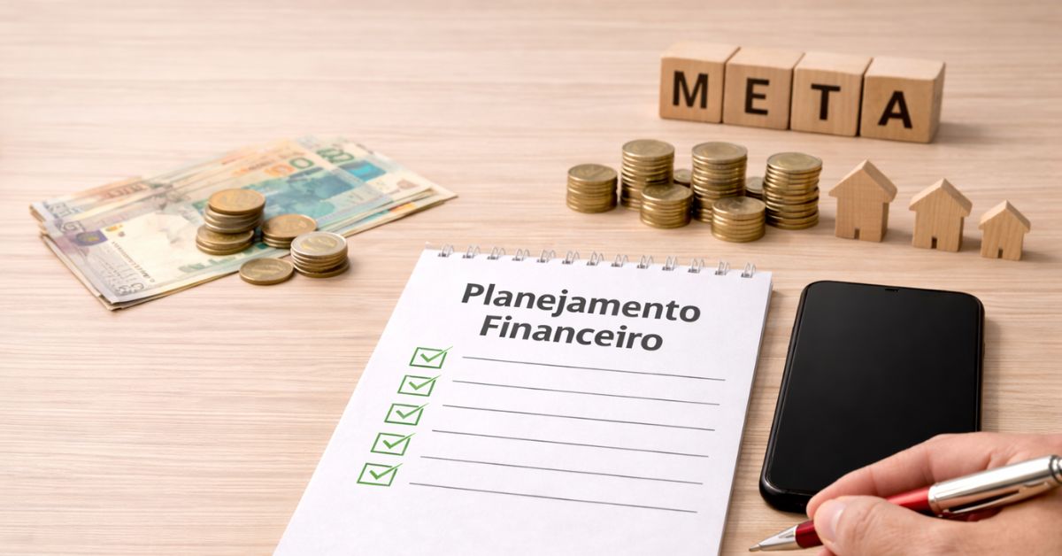 Caderno com checklist de planejamento financeiro sobre mesa, com dinheiro, moedas, celular e blocos formando a palavra meta.