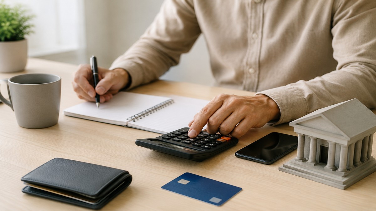 Pessoa utilizando calculadora e anotando informações financeiras em uma mesa clara, com cartão bancário, carteira e miniatura de banco ao lado. A cena transmite organização financeira e planejamento estratégico, ilustrando dicas para reduzir custos fixos e negociar serviços bancários de forma eficiente em um ambiente minimalista e realista.