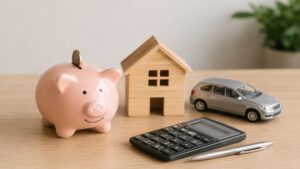 Cofrinho rosado ao lado de uma miniatura de casa, um carro compacto, calculadora e caneta sobre mesa de madeira clara, em composição minimalista e iluminada suavemente, representando dicas de planejamento financeiro, economia doméstica e organização do décimo terceiro no Brasil.