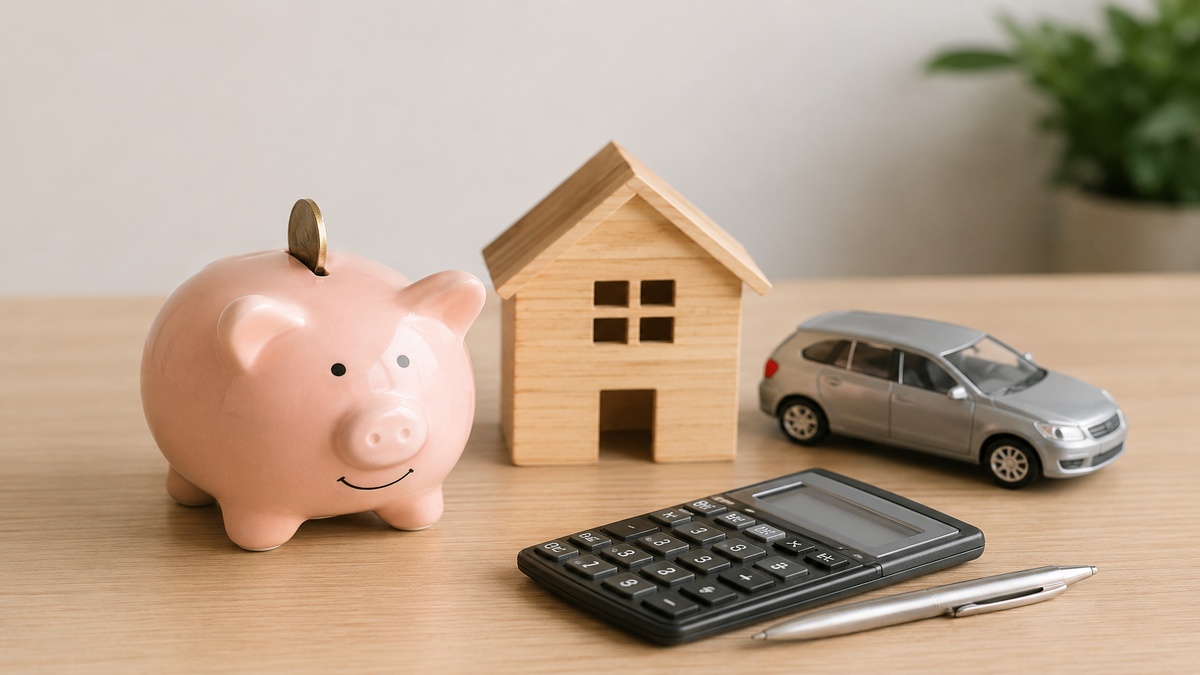 Cofrinho rosado ao lado de uma miniatura de casa, um carro compacto, calculadora e caneta sobre mesa de madeira clara, em composição minimalista e iluminada suavemente, representando dicas de planejamento financeiro, economia doméstica e organização do décimo terceiro no Brasil.