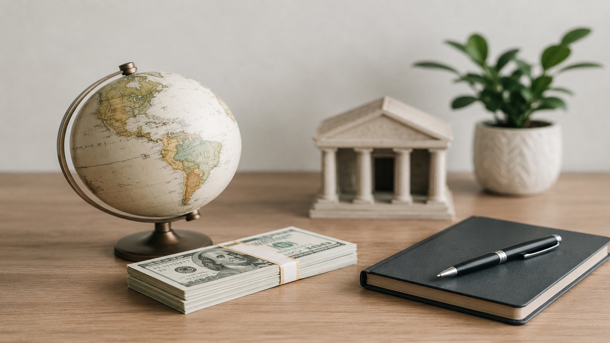 Globo terrestre decorativo ao lado de maços de dólares, caderno preto e miniatura de instituição financeira sobre mesa de madeira clara, em composição minimalista e elegante, representando investimento internacional, diversificação patrimonial e acesso ao mercado financeiro global.