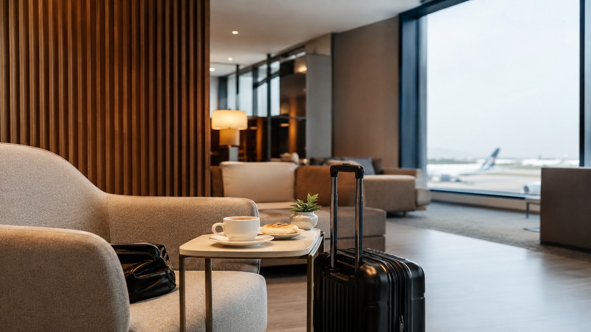 Ambiente moderno de sala VIP em aeroporto, com poltronas confortáveis em tons neutros, mesa de apoio com café e lanche, mala de viagem ao lado do assento e ampla janela com vista para aeronaves na pista ao fundo. A cena transmite conforto, exclusividade e praticidade para viajantes que utilizam benefícios de cartão de credito durante suas jornadas.